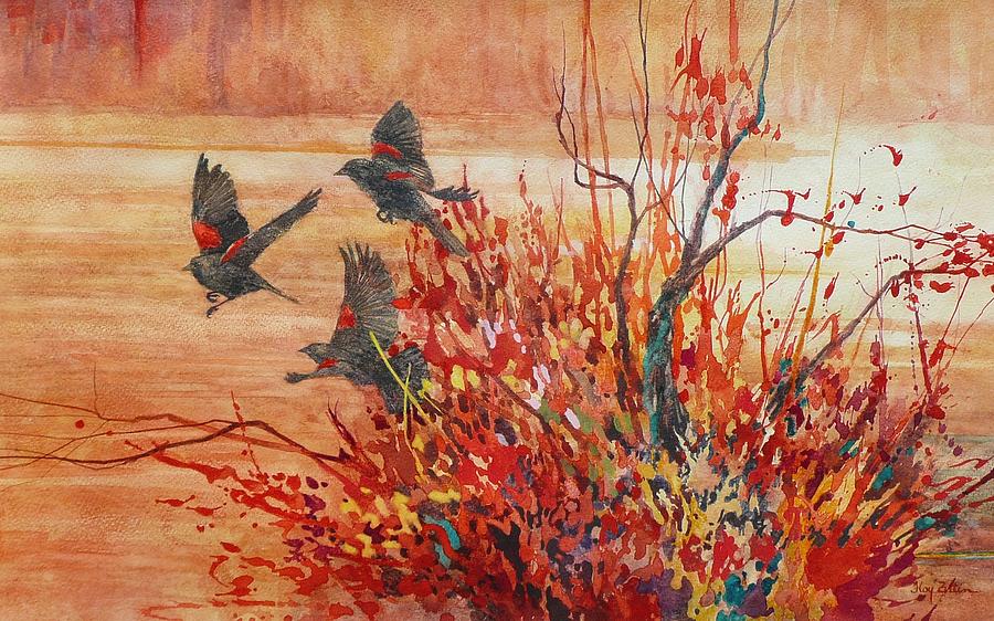 Red-winged Blackbirds Painting by Floy Zittin - Fine Art America