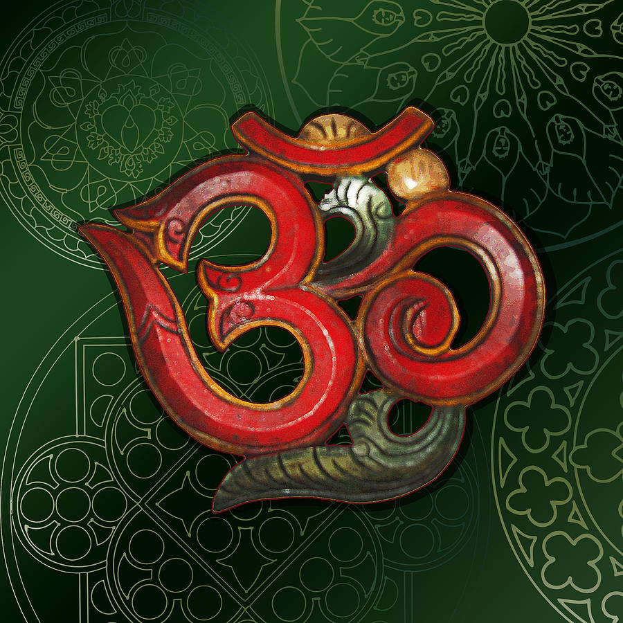 Omkara Digital Art - Red wooden OM green mandala by ReadyForYoga Online-Shop
