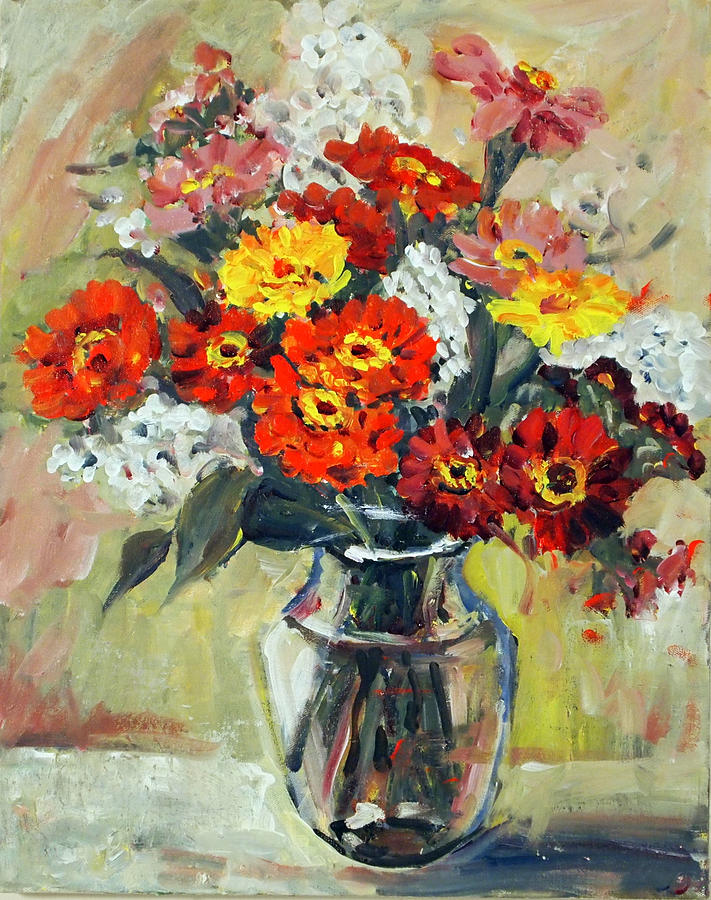 Red Zinnias Still Lfe Painting by Ingrid Dohm