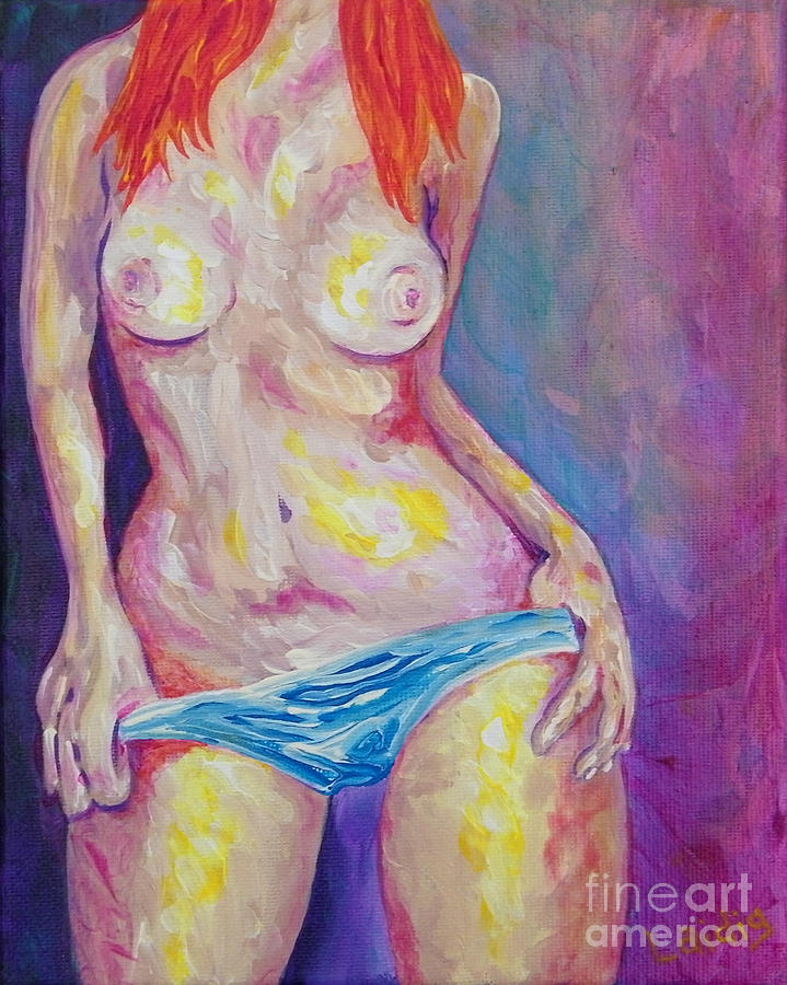 Redhead removing blue panties Painting by Aarron  Laidig