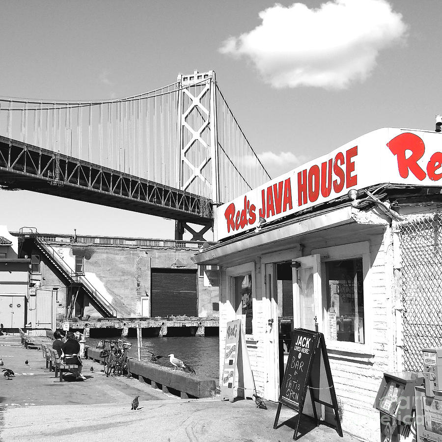 Reds Java House and The Bay Bridge in San Francisco Embarcadero . Black and White and Red . Square Photograph by Wingsdomain Art and Photography