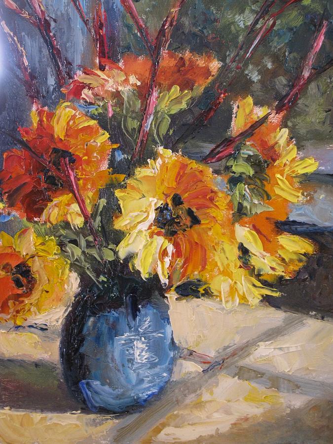 Palette Knife Painting - Redtwigs and Sunflowers by Wendie Thompson