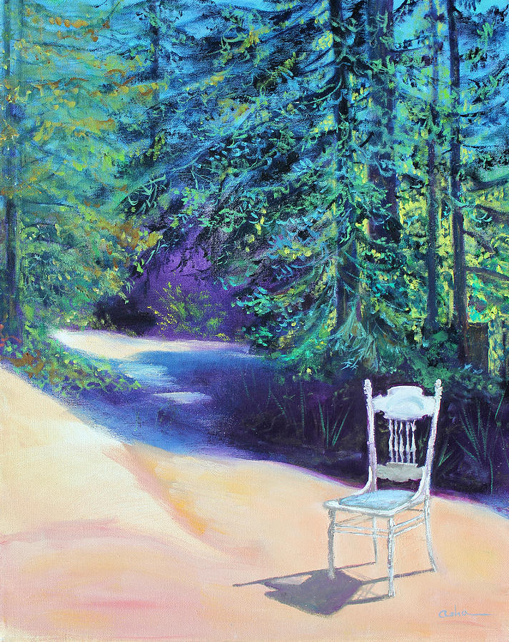 Nature Painting - Redwood Path and White Chair by Asha Carolyn Young