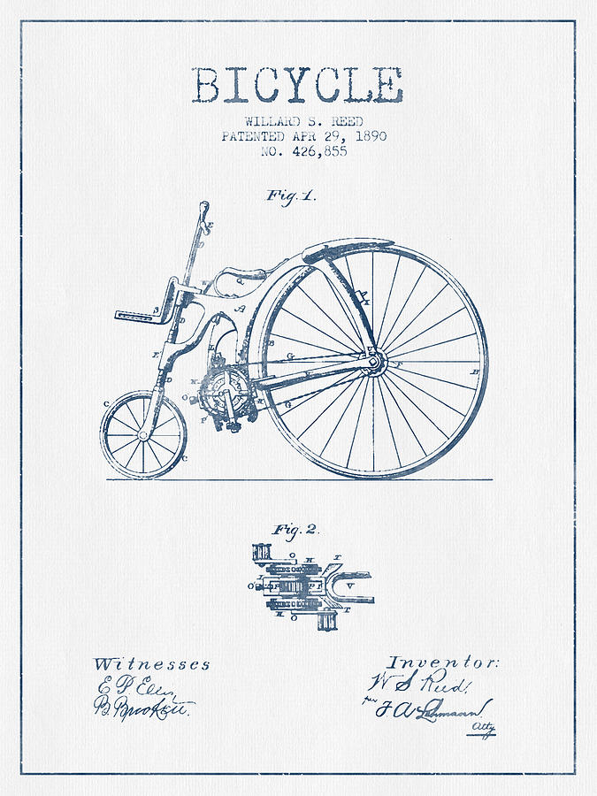 Vintage Digital Art - Reed Bicycle Patent Drawing From 1890 - Blue Ink by Aged Pixel