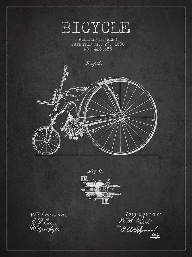 Reed Bicycle Patent Drawing From 1890 - Dark Digital Art