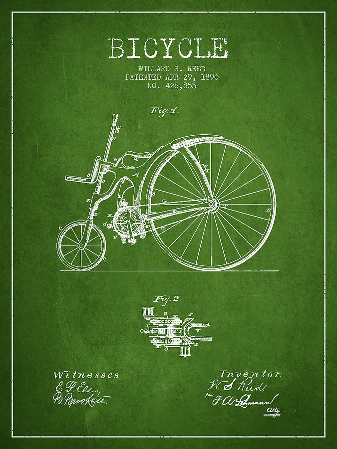 Reed Bicycle Patent Drawing From 1890 - Green Digital Art