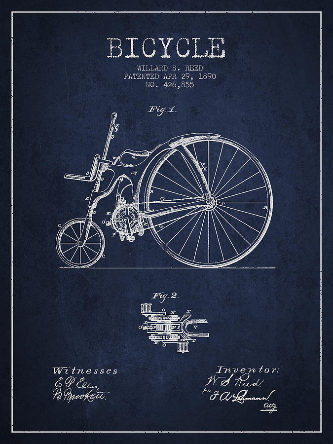 Reed Bicycle Patent Drawing From 1890 - Navy Blue Digital Art