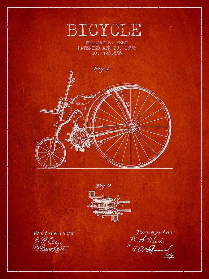 Reed Bicycle Patent Drawing From 1890 - Red Digital Art
