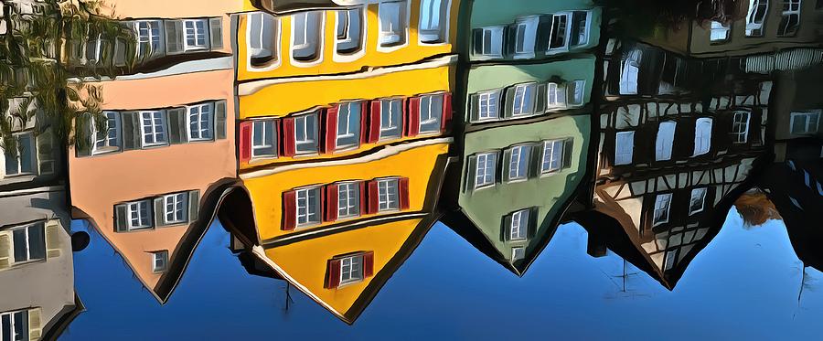 Reflection of colorful houses in Tuebingen in river Neckar Photograph by Matthias Hauser