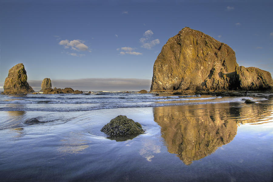 Reflection Photograph - Reflection of Haystack Rock at Cannon Beach 3 by David Gn Reflection Photograph - Reflection of Haystack Rock at Cannon Beach 3 by David Gn