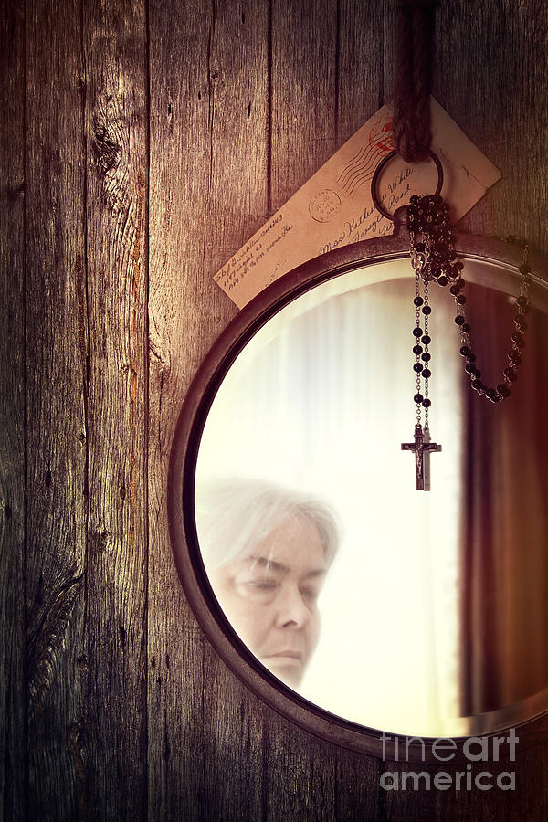 Mirror Photograph - Reflection of old woman and rosary beads on mirror by Sandra Cunningham