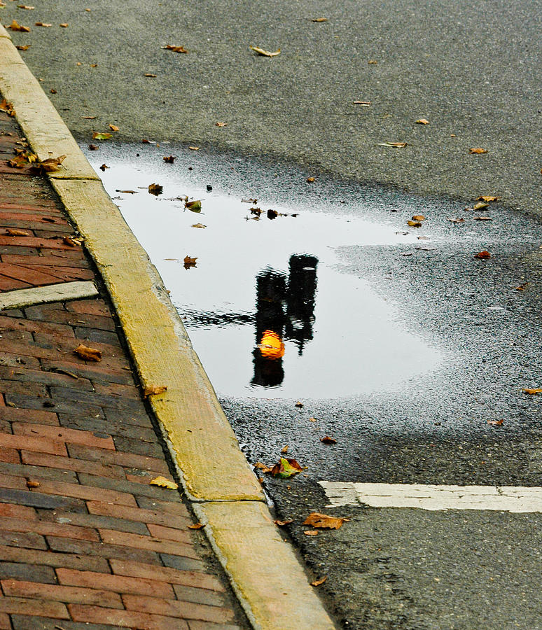 Reflection of Traffic Light in Street Puddle Photograph by Gary Slawsky