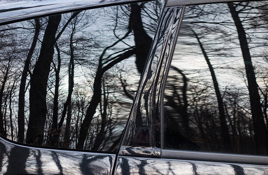 Reflection of trees in black car window Photograph by Matthias Hauser