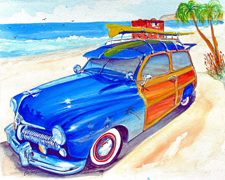 Beach Painting - Reflections in a 51 Mercury by Rob Beilby