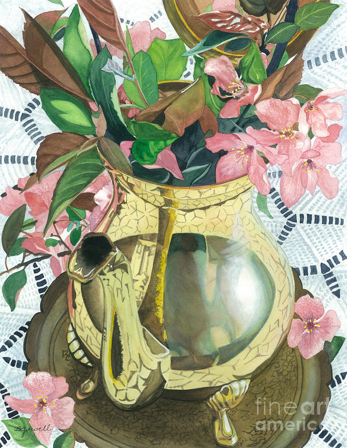 Flower Painting - Reflections on a Brass Teapot by Barbara Jewell