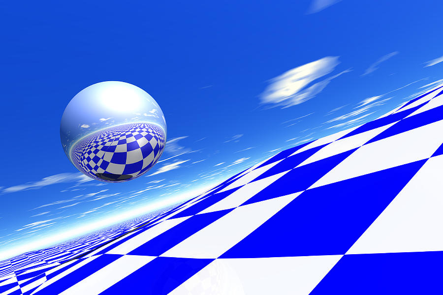 Reflective Metallic Sphere Float Above Blue And White Chess Board Landscape Drawing by Rubberball/Clark Dunbar