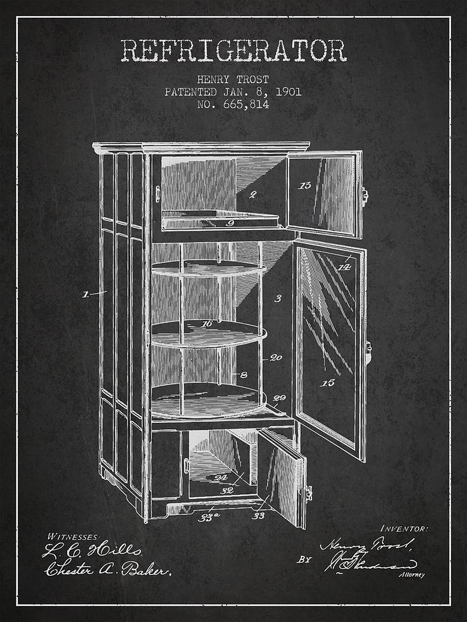 Vintage Digital Art - Refrigerator patent from 1901 - Dark by Aged Pixel