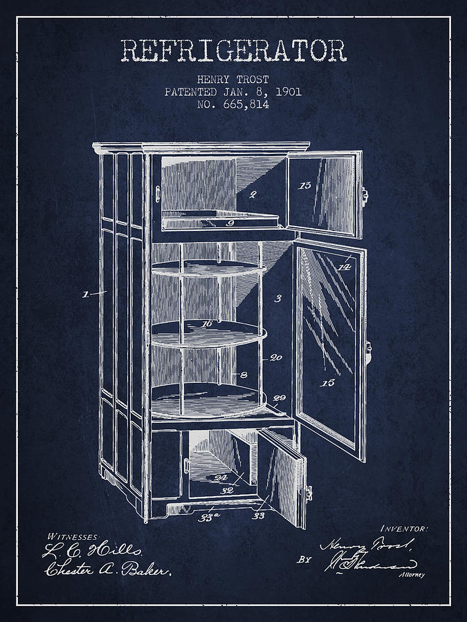 Vintage Digital Art - Refrigerator patent from 1901 - Navy Blue by Aged Pixel