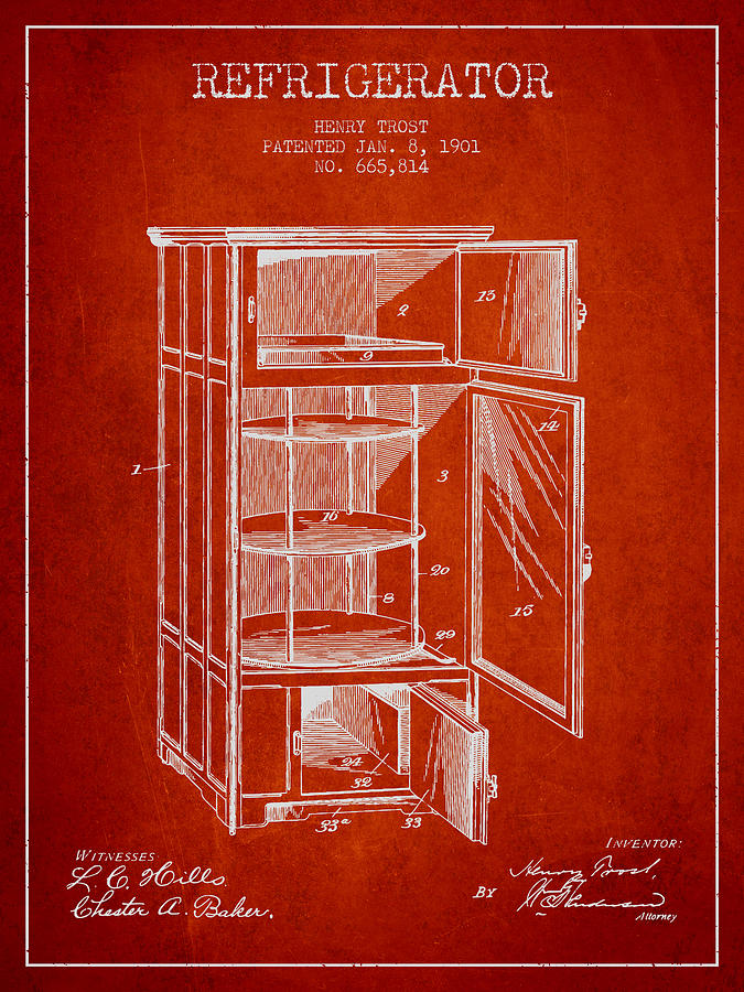 Vintage Digital Art - Refrigerator patent from 1901 - Red by Aged Pixel