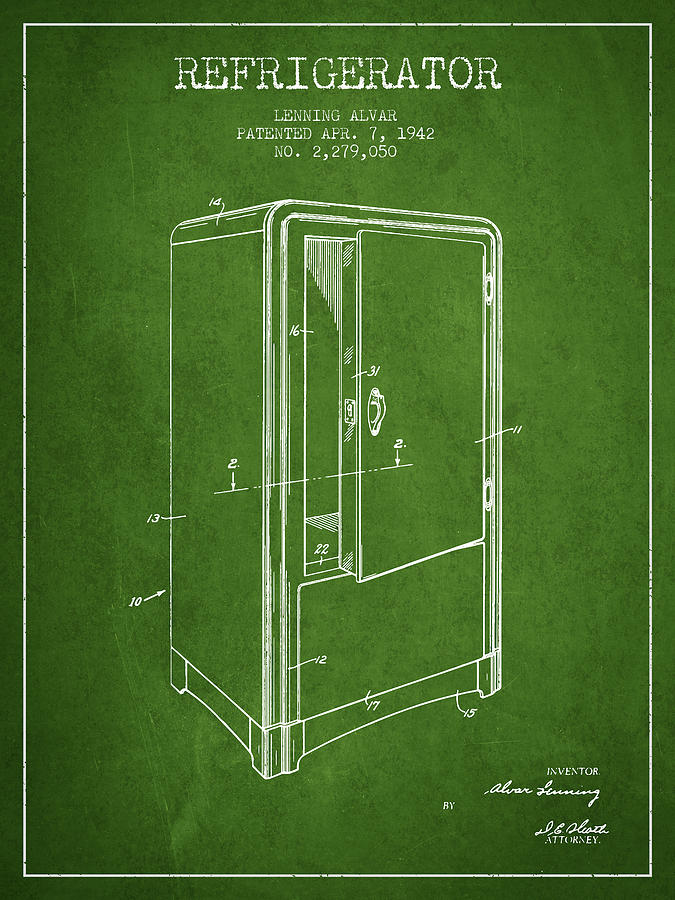 Vintage Digital Art - Refrigerator patent from 1942 - Green by Aged Pixel