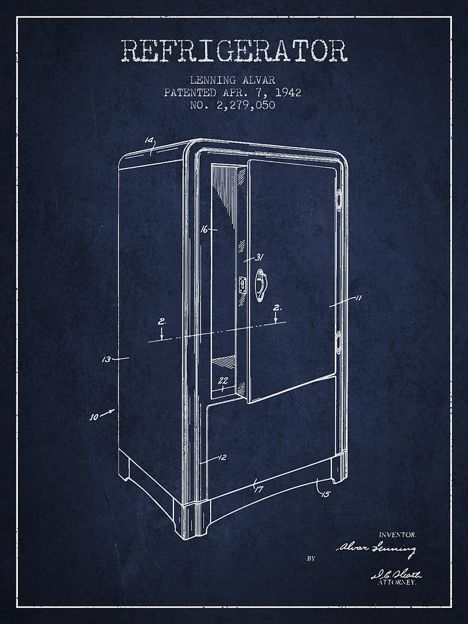 Vintage Digital Art - Refrigerator patent from 1942 - Navy Blue by Aged Pixel