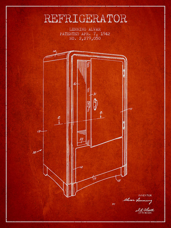 Vintage Digital Art - Refrigerator patent from 1942 - Red by Aged Pixel