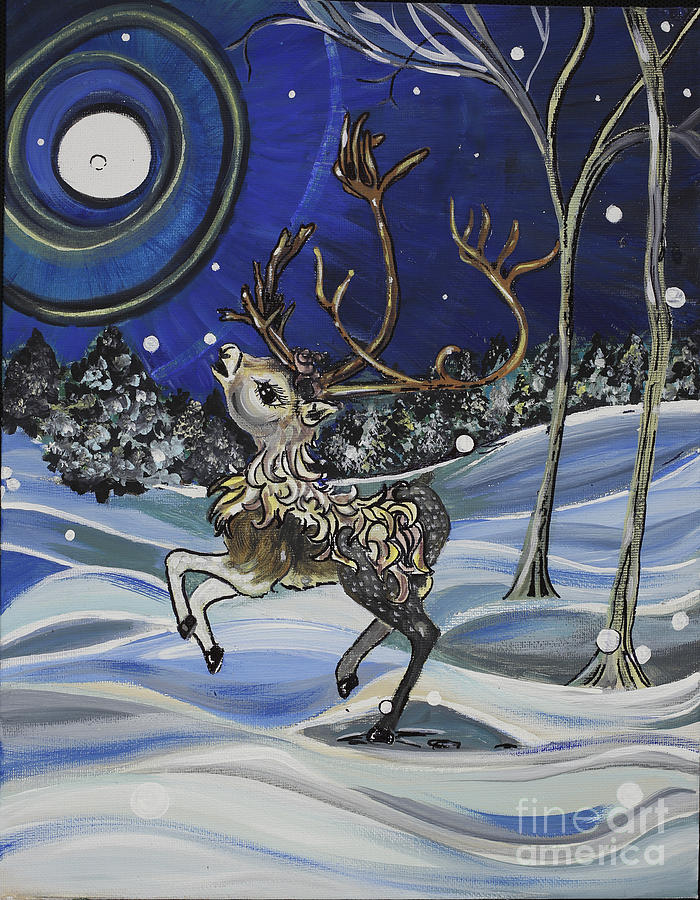 Reindeer Chasing Snowflakes Painting
