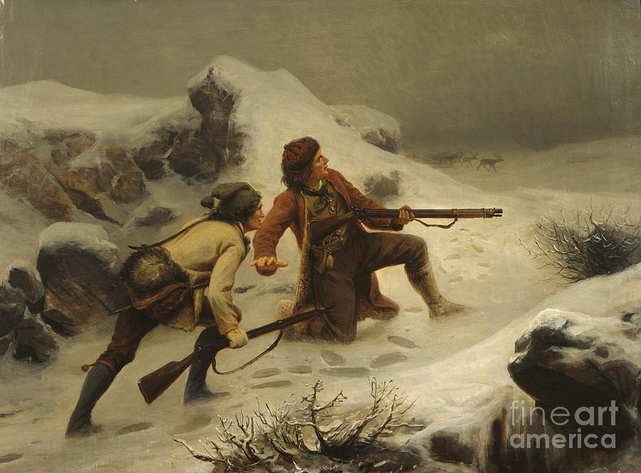 Reindeer hunt Painting by Knud Bergslien