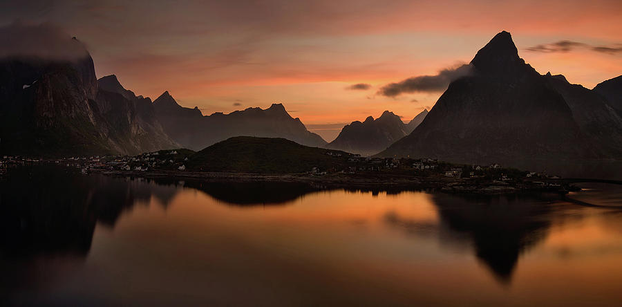 Nature Photograph - Reine Village With Dark Mountains by Panoramic Images