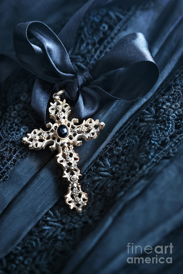Religious crucifix with satin ribbon on lace Photograph by Sandra Cunningham