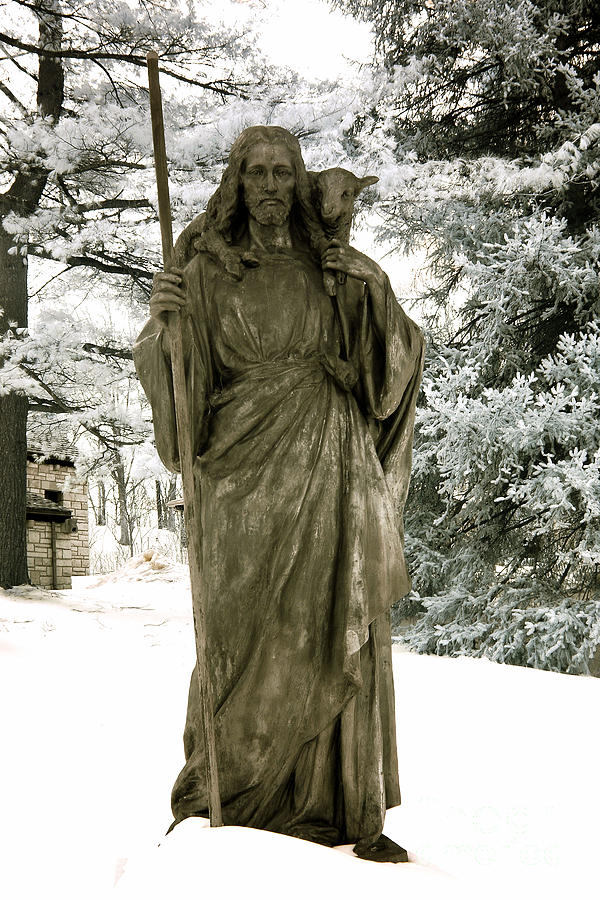 Religious Jesus Statue Holding Lamb Winter Scene Photograph by Kathy Fornal