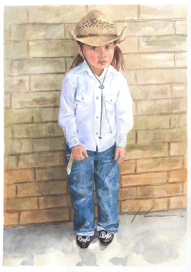 Reluctant Cowgirl Watercolor Portrait Drawing By Mike Theuer