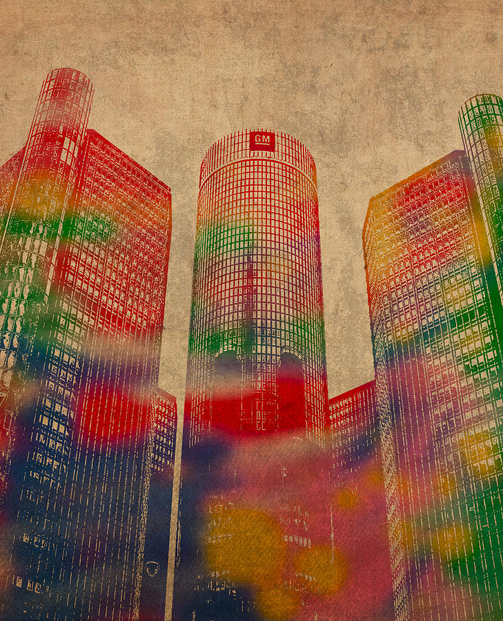 Detroit Mixed Media - Renaissance Center Iconic Buildings of Detroit Watercolor on Worn Canvas Series Number 2 by Design Turnpike