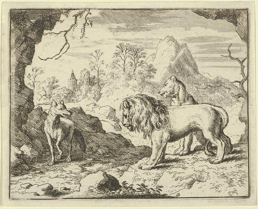 Renard Convinces The Lion And Lioness Drawing by Allart van Everdingen ...