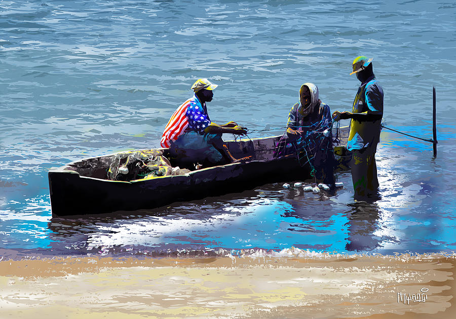 Repairing The Net At Lake Victoria Painting