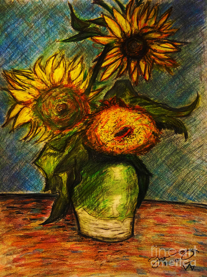 Vincent Van Gogh Drawing - Replica of Van Goghs Three Sunflowers in a Vase by Jose A Gonzalez Jr