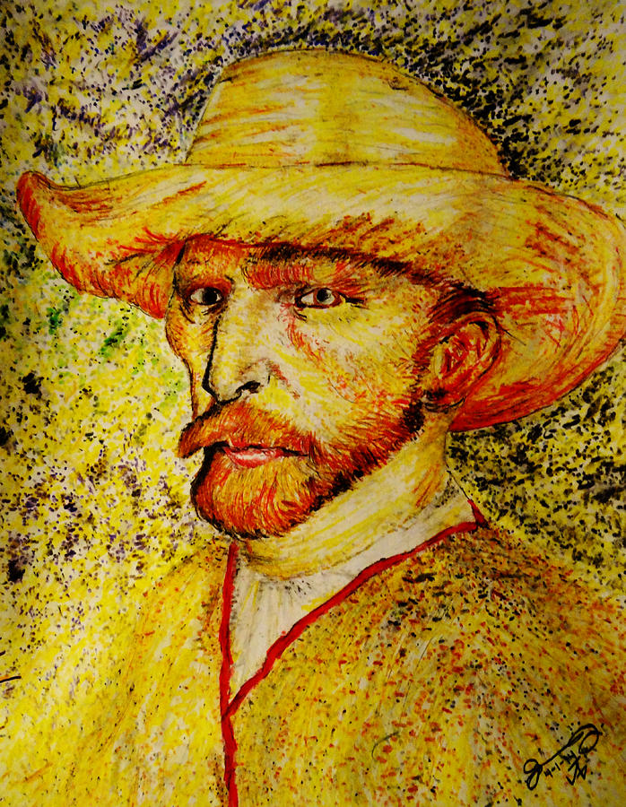 Vincent Van Gogh Drawing - Replica of Vincents Self-Portrait with Straw Hat 1887 by Jose A Gonzalez Jr
