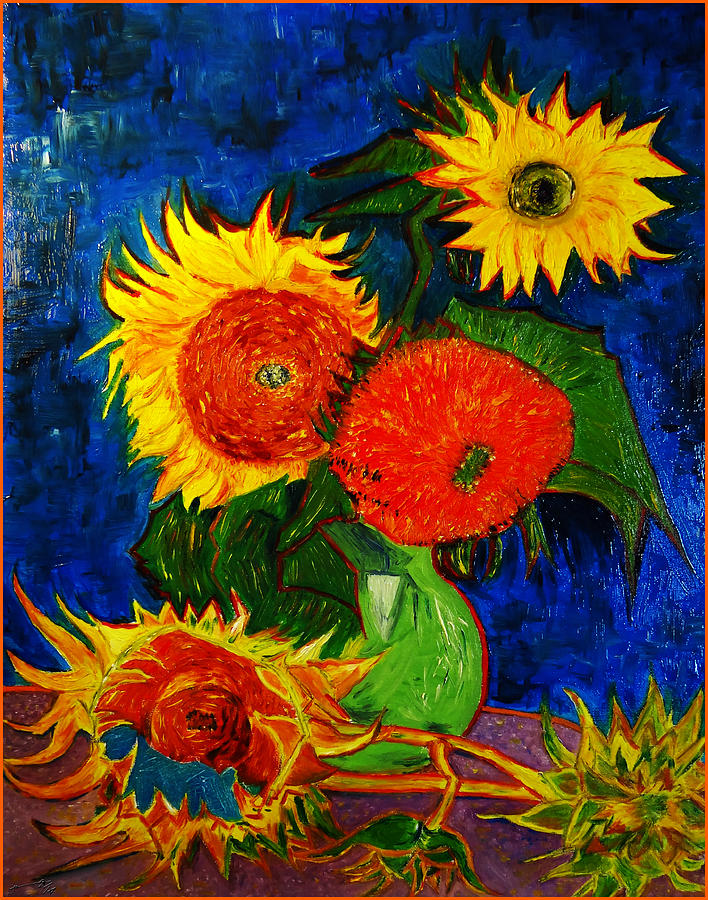 Vincent Van Gogh Painting - Replica of Vincents Still Life Vase with 5 Sunflowers by Jose A Gonzalez Jr