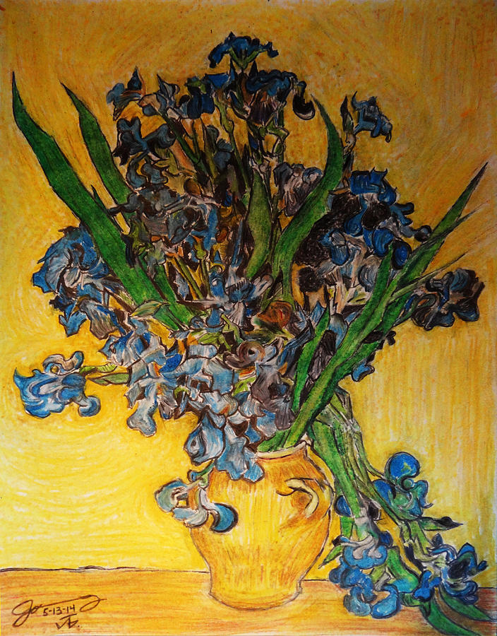 Replica of Vincents Still Life Vase with Irises Against a Yellow Background Drawing by Jose A Gonzalez Jr