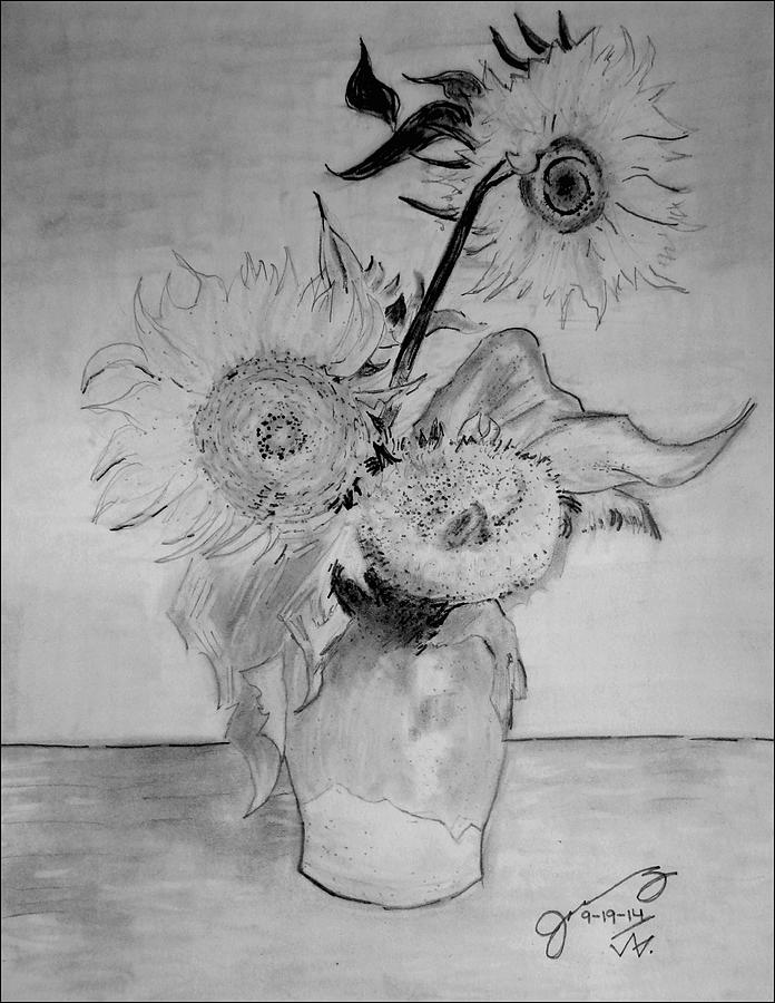 Vincent Van Gogh Drawing - Replica of Vincents Still Life - Vase with Three Sunflowers by Jose A Gonzalez Jr