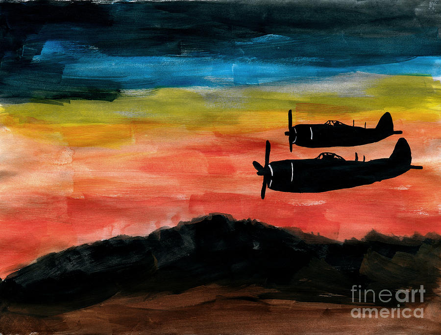 Sunset Painting - Republic P-47 Thunderbolts by R Kyllo