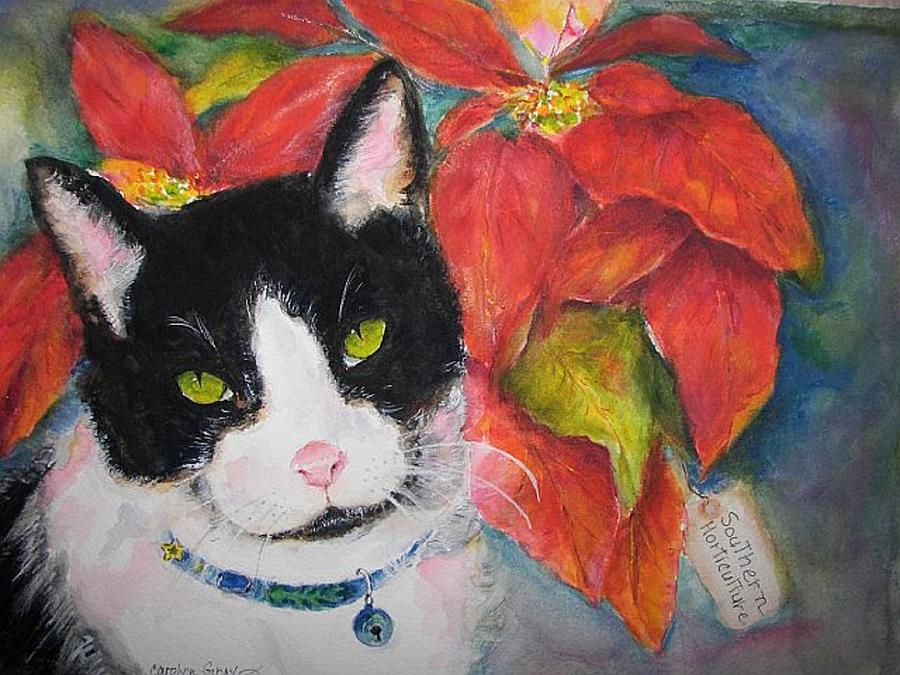 Cat - Watercolor Portrait - Rescued Kitty With Poinsietta Painting