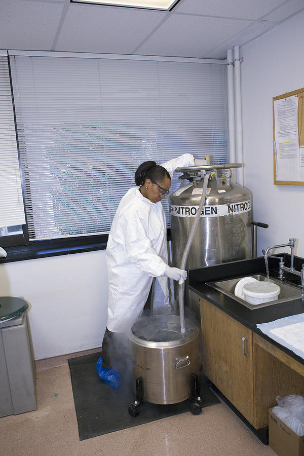 Researcher With Tank Of Liquid Nitrogen Photograph by Science Stock Photography