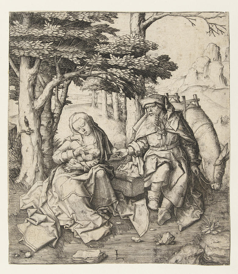 Rest on the Flight into Egypt Drawing by Lucas van Leyden