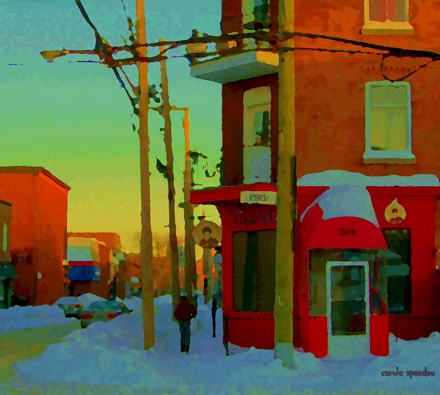 Restaurant Chez Lulu B Cafe Rue Ethel Streets Of Verdun Montreal Winter Scenes Carole Spandau Painting by Carole Spandau