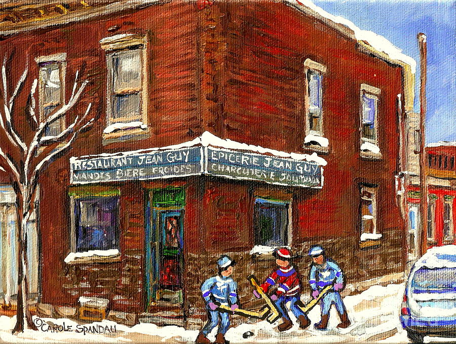 Restaurant Epicerie Jean Guy Pointe St. Charles Montreal Art Verdun Winter Scenes Hockey Paintings   Painting by Carole Spandau