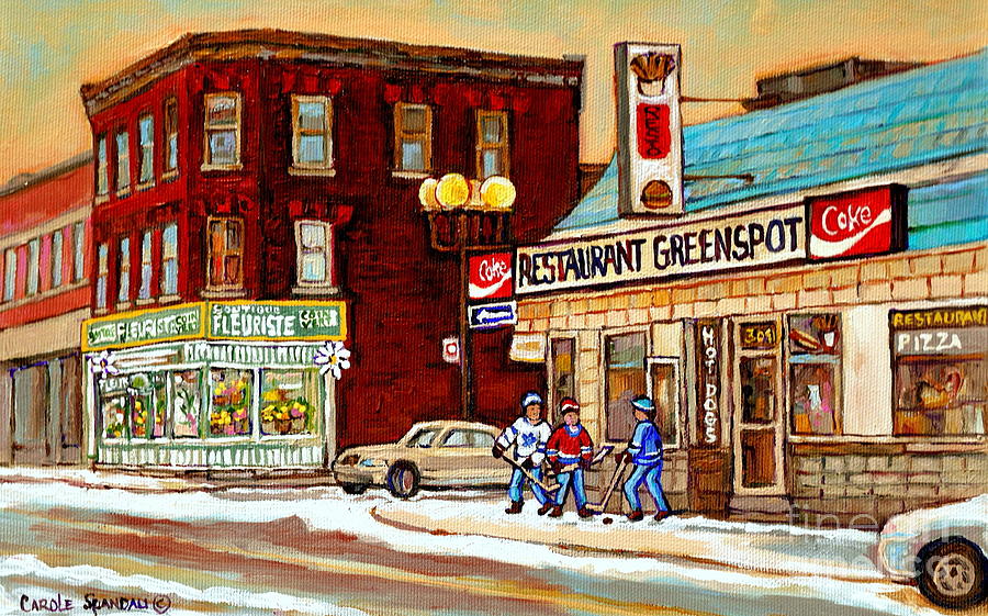 Restaurant Greenspot And Coin Vert Boutique Fleuriste Montreal Winter Street Hockey Scenes Painting by Carole Spandau