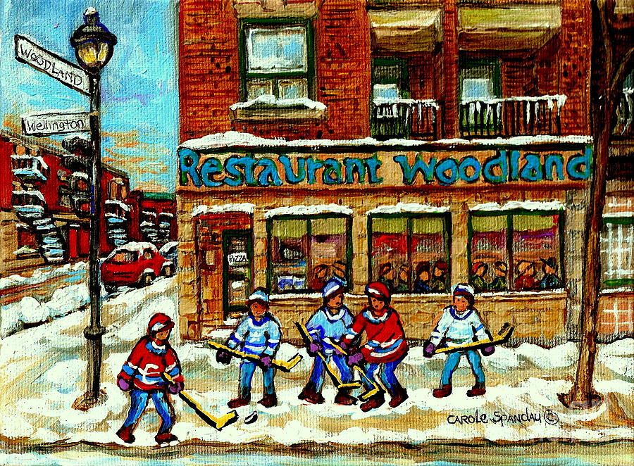 Restaurant Woodland Pizza Rue Wellington Verdun Original Hockey Art Montreal Paintings Commissions   Painting by Carole Spandau