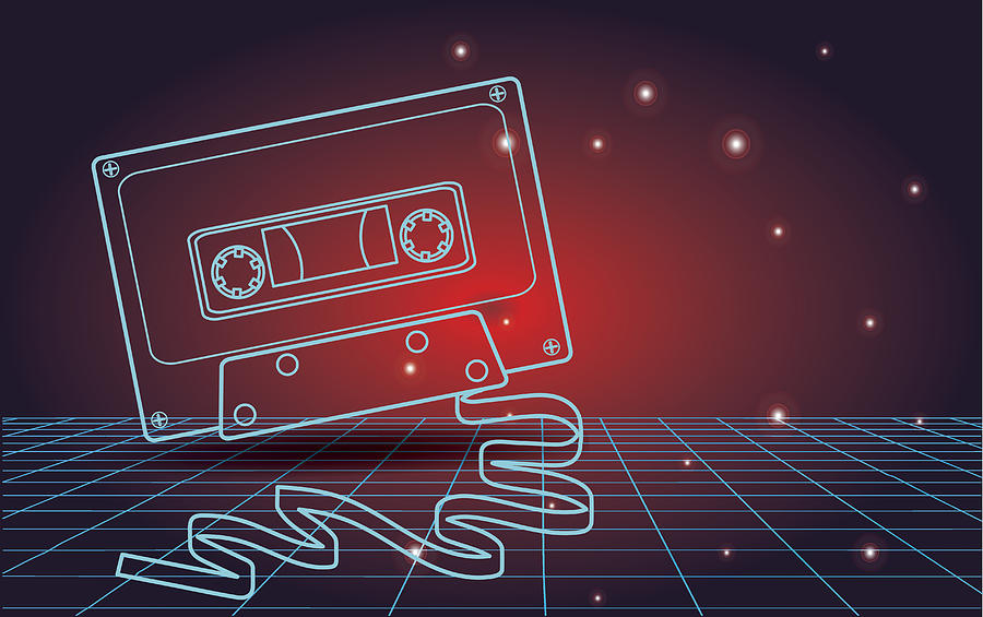 Retro 80s background with cassette tape Drawing by JDawnInk