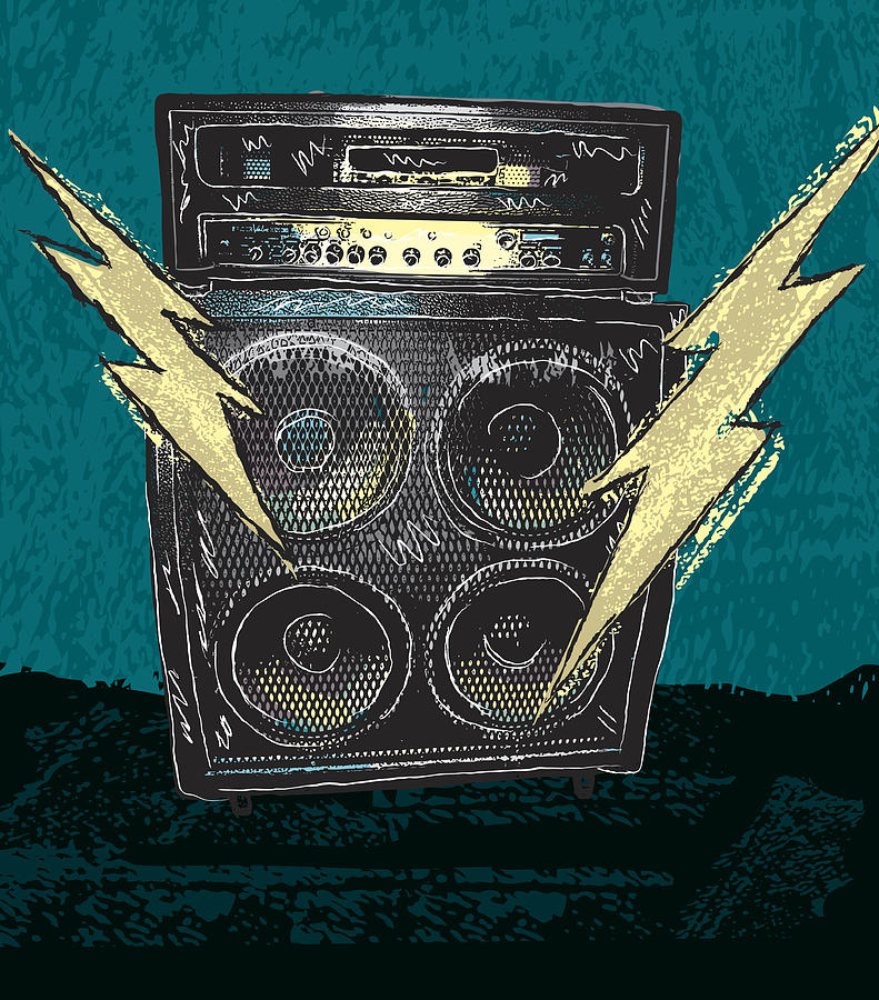 Retro drawing of guitar amplifier with lighting bolts Drawing by JDawnInk